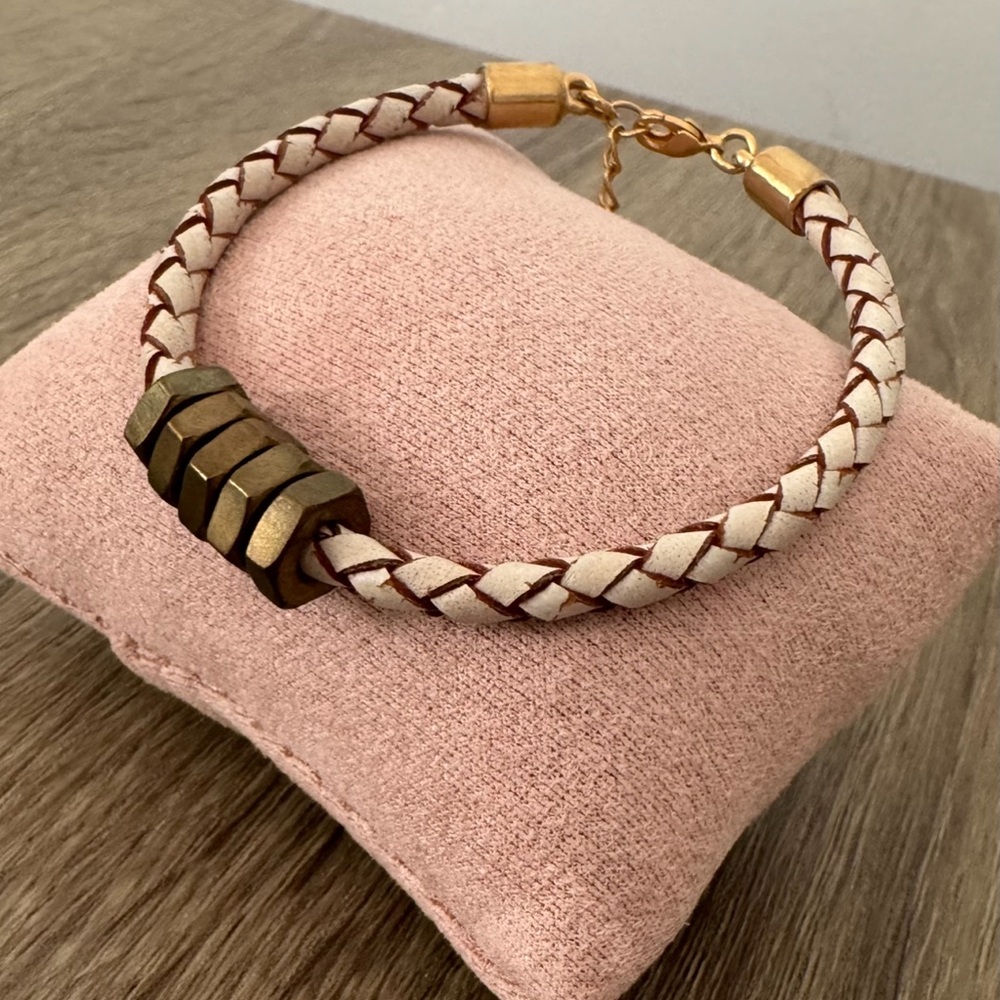 Half United Brass Honeycomb & White Worn Braided Leather Adjustable bracelet GUC - Picture 7 of 10
